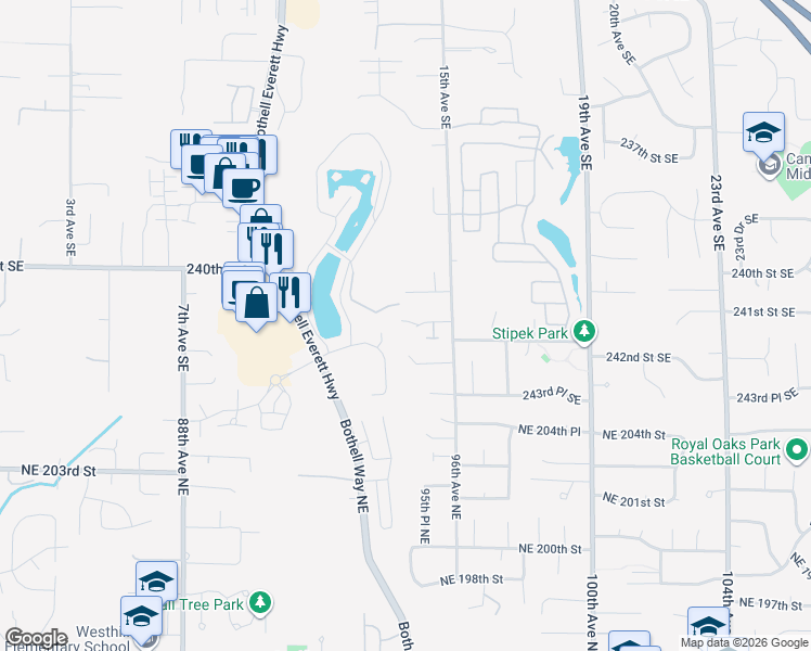 map of restaurants, bars, coffee shops, grocery stores, and more near 1408 241st Street Southeast in Bothell
