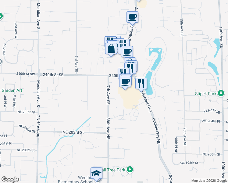 map of restaurants, bars, coffee shops, grocery stores, and more near 24015 7th Avenue Southeast in Bothell