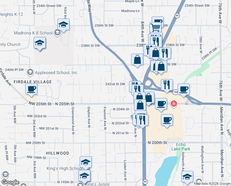 map of restaurants, bars, coffee shops, grocery stores, and more near 8714 242nd Street Southwest in Edmonds
