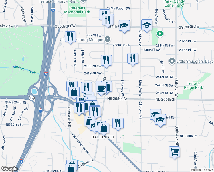 map of restaurants, bars, coffee shops, grocery stores, and more near 24108 56th Avenue West in Mountlake Terrace