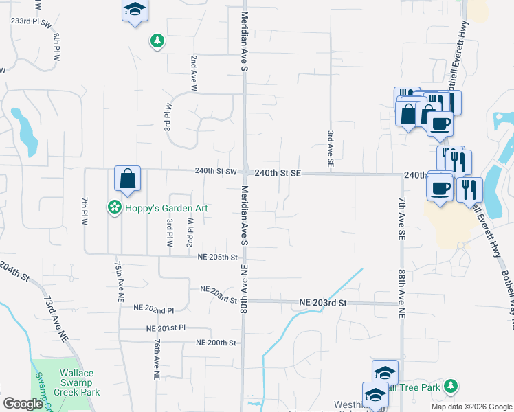 map of restaurants, bars, coffee shops, grocery stores, and more near 25 242nd Street Southeast in Bothell