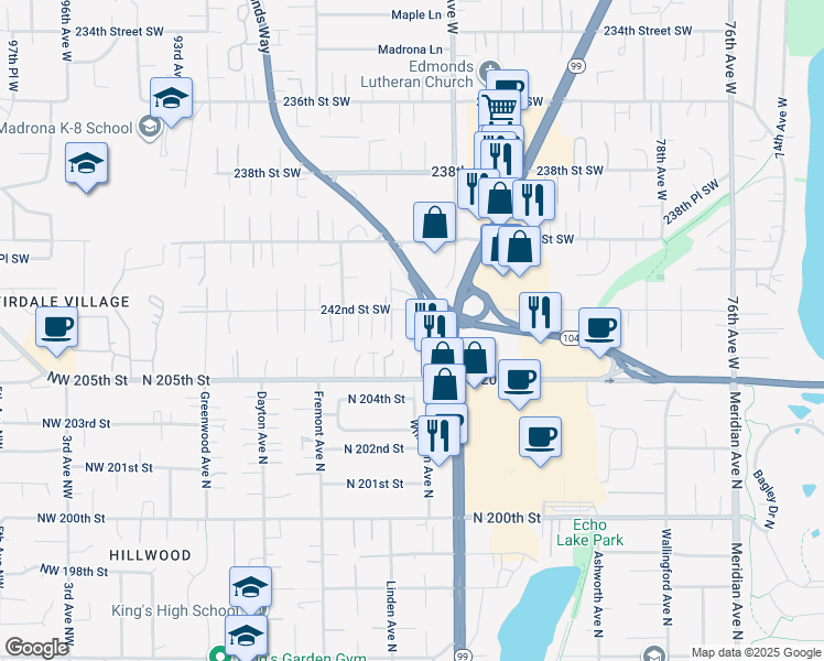 map of restaurants, bars, coffee shops, grocery stores, and more near 8512 242nd Street Southwest in Edmonds