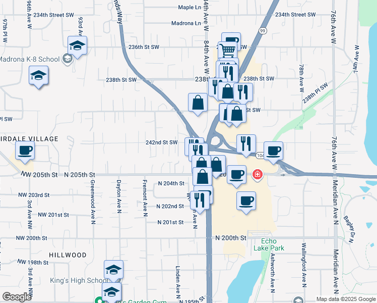 map of restaurants, bars, coffee shops, grocery stores, and more near 8512 242nd Street Southwest in Edmonds