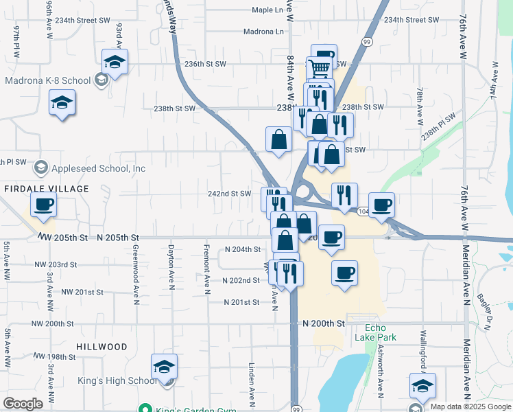 map of restaurants, bars, coffee shops, grocery stores, and more near 24108 242nd Street Southwest in Edmonds
