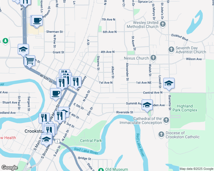 map of restaurants, bars, coffee shops, grocery stores, and more near 227 1st Avenue North in Crookston