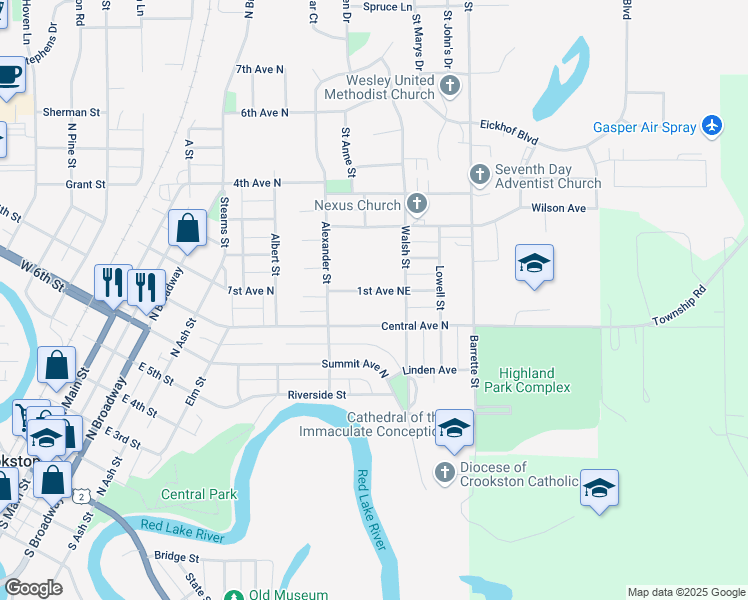 map of restaurants, bars, coffee shops, grocery stores, and more near 531 1st Avenue North in Crookston