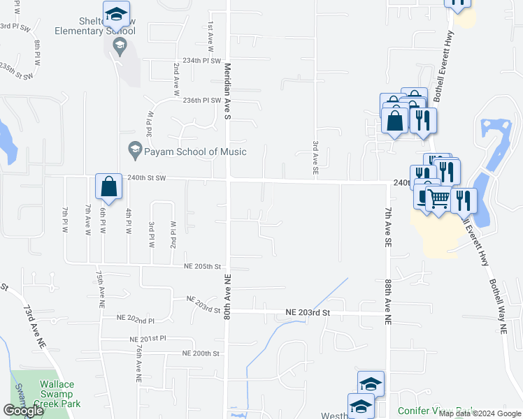 map of restaurants, bars, coffee shops, grocery stores, and more near 1st Avenue Southeast in Bothell