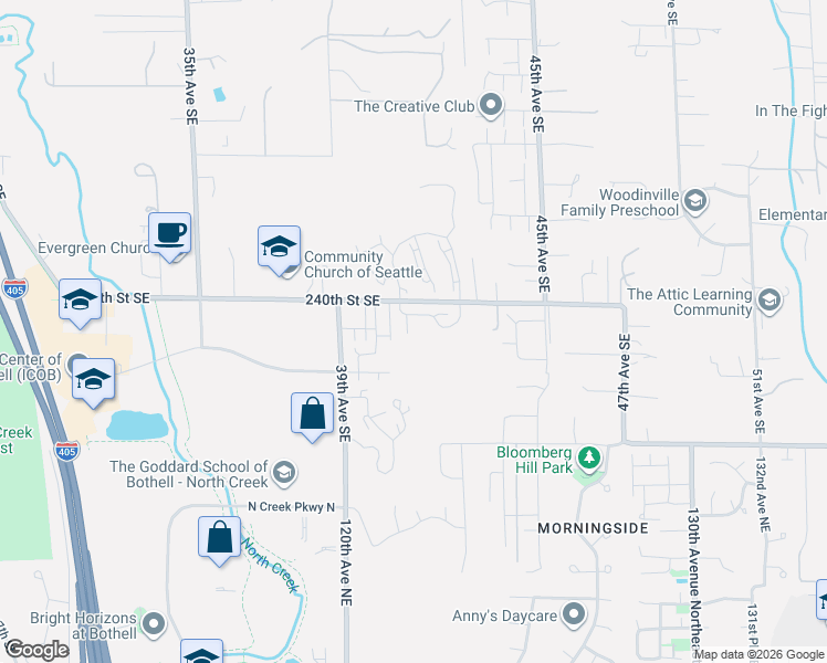 map of restaurants, bars, coffee shops, grocery stores, and more near 24012 41st Avenue Southeast in Bothell