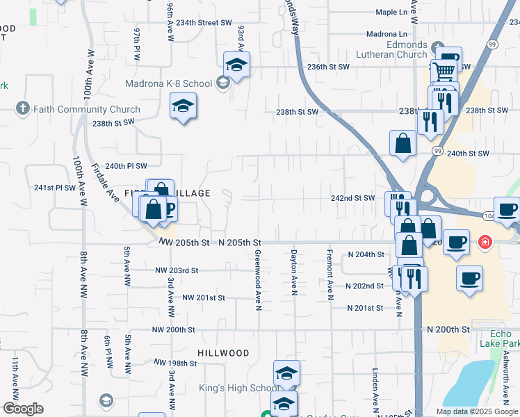 map of restaurants, bars, coffee shops, grocery stores, and more near 9214 242nd Street Southwest in Edmonds