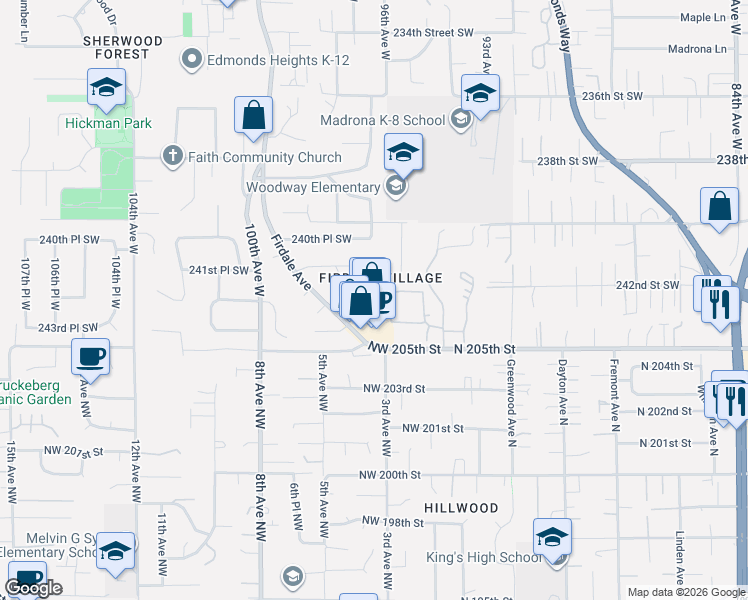 map of restaurants, bars, coffee shops, grocery stores, and more near 9627 242nd Place Southwest in Edmonds