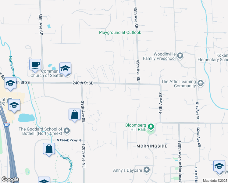 map of restaurants, bars, coffee shops, grocery stores, and more near 4150 240 Place Southeast in Bothell