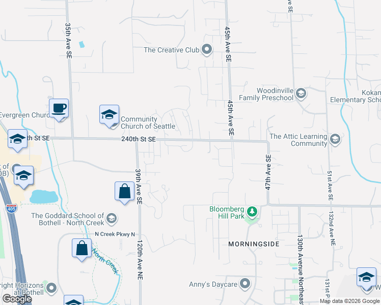 map of restaurants, bars, coffee shops, grocery stores, and more near 4141 240 Place Southeast in Bothell