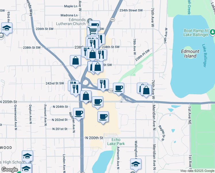 map of restaurants, bars, coffee shops, grocery stores, and more near 8018 242nd Street Southwest in Edmonds