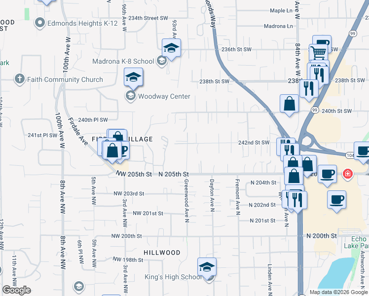 map of restaurants, bars, coffee shops, grocery stores, and more near 9214 242nd Street Southwest in Edmonds