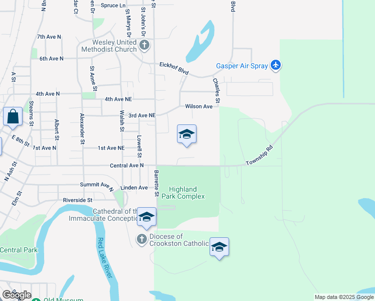 map of restaurants, bars, coffee shops, grocery stores, and more near 801 Central Avenue North in Crookston