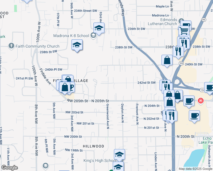 map of restaurants, bars, coffee shops, grocery stores, and more near 9214 242nd Street Southwest in Edmonds