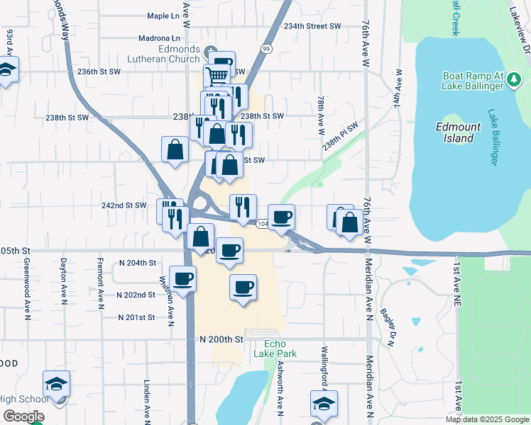 map of restaurants, bars, coffee shops, grocery stores, and more near 8018 242nd Street Southwest in Edmonds