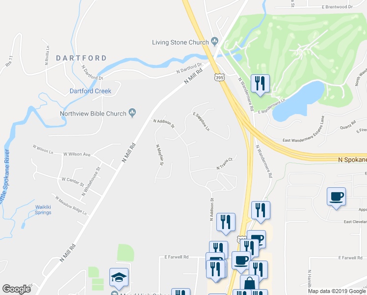 map of restaurants, bars, coffee shops, grocery stores, and more near 13407 North Addison Street in Spokane