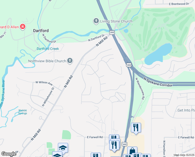 map of restaurants, bars, coffee shops, grocery stores, and more near 13411 North Addison Street in Spokane