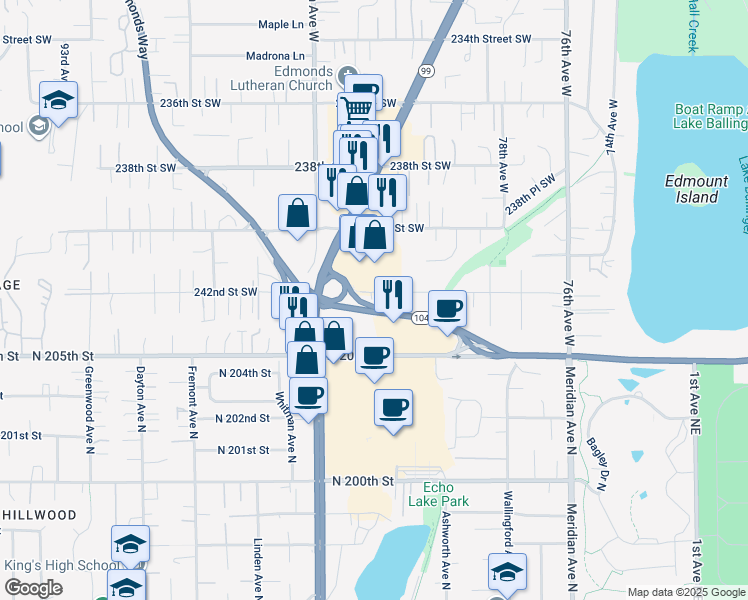 map of restaurants, bars, coffee shops, grocery stores, and more near 8122 242nd Street Southwest in Edmonds