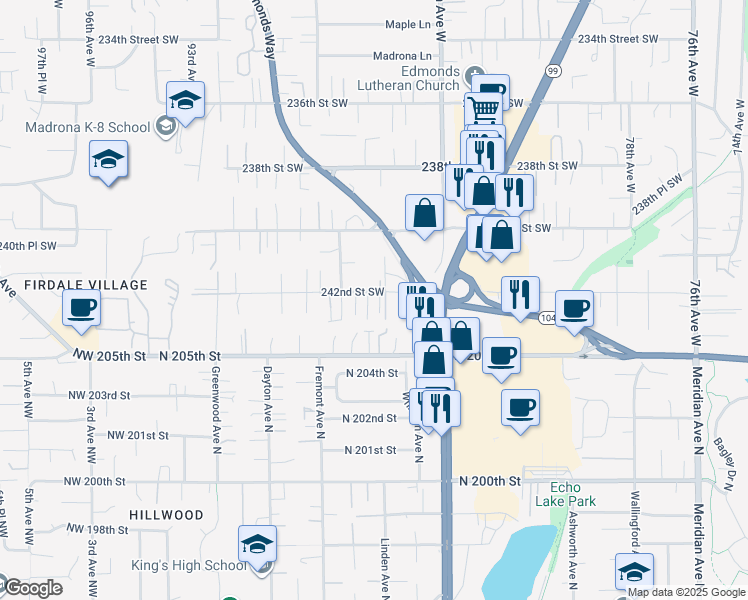map of restaurants, bars, coffee shops, grocery stores, and more near 8614 242nd Street Southwest in Edmonds