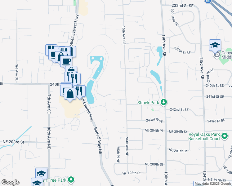 map of restaurants, bars, coffee shops, grocery stores, and more near 1408 241st Street Southeast in Bothell