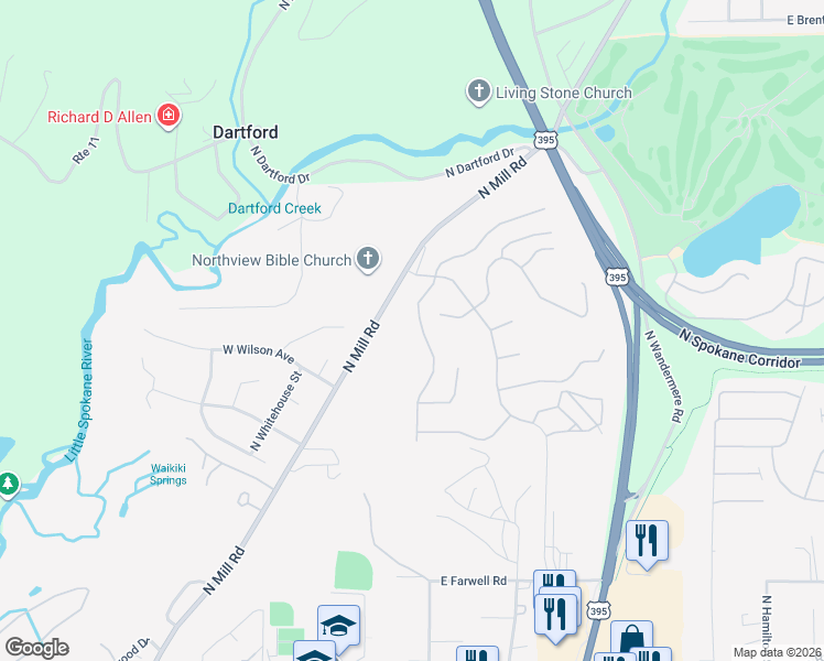 map of restaurants, bars, coffee shops, grocery stores, and more near 13411 North Mayfair Lane in Spokane