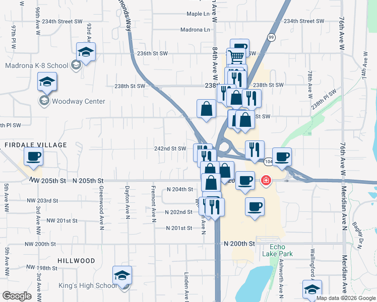 map of restaurants, bars, coffee shops, grocery stores, and more near 8520 242nd Street Southwest in Edmonds