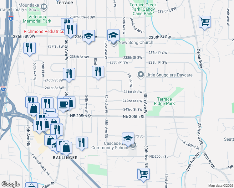 map of restaurants, bars, coffee shops, grocery stores, and more near 5002 241st Street Southwest in Mountlake Terrace