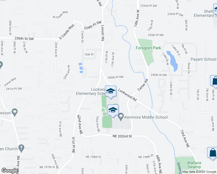 map of restaurants, bars, coffee shops, grocery stores, and more near 24102 Lockwood Road in Bothell