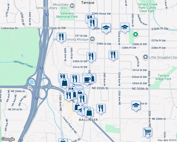 map of restaurants, bars, coffee shops, grocery stores, and more near 24108 56th Avenue West in Mountlake Terrace