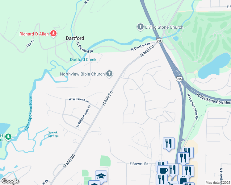 map of restaurants, bars, coffee shops, grocery stores, and more near 13512 North Mill Road in Spokane