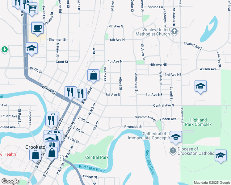 map of restaurants, bars, coffee shops, grocery stores, and more near 227 1st Avenue North in Crookston