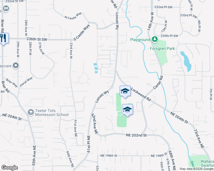 map of restaurants, bars, coffee shops, grocery stores, and more near 24118 Locust Way in Bothell
