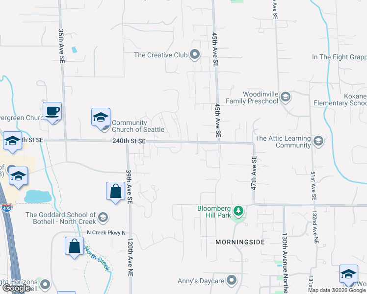 map of restaurants, bars, coffee shops, grocery stores, and more near 24007 42nd Avenue Southeast in Bothell