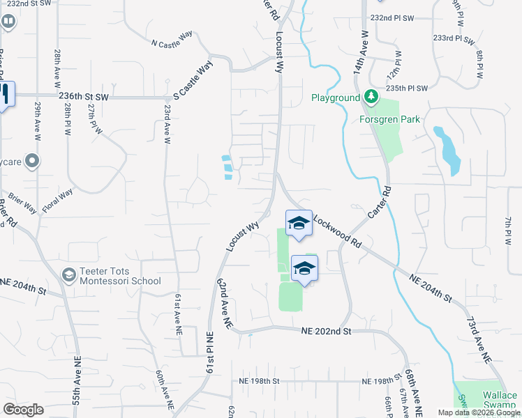 map of restaurants, bars, coffee shops, grocery stores, and more near 24117 Locust Way in Bothell