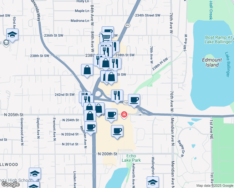 map of restaurants, bars, coffee shops, grocery stores, and more near 8122 242nd Street Southwest in Edmonds