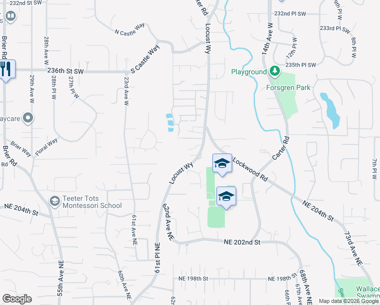 map of restaurants, bars, coffee shops, grocery stores, and more near 24118 Locust Way in Bothell