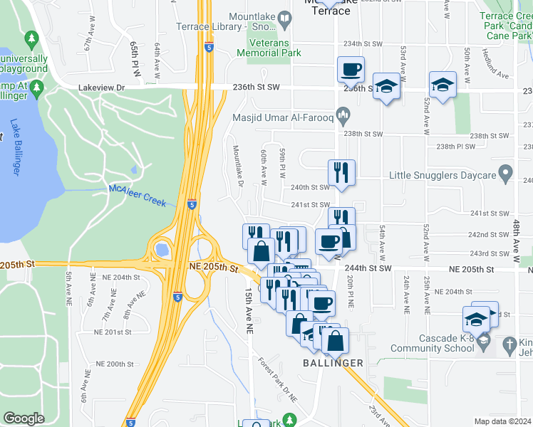 map of restaurants, bars, coffee shops, grocery stores, and more near 5907 242nd Street Southwest in Mountlake Terrace