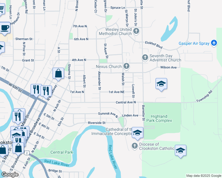 map of restaurants, bars, coffee shops, grocery stores, and more near 531 1st Avenue North in Crookston