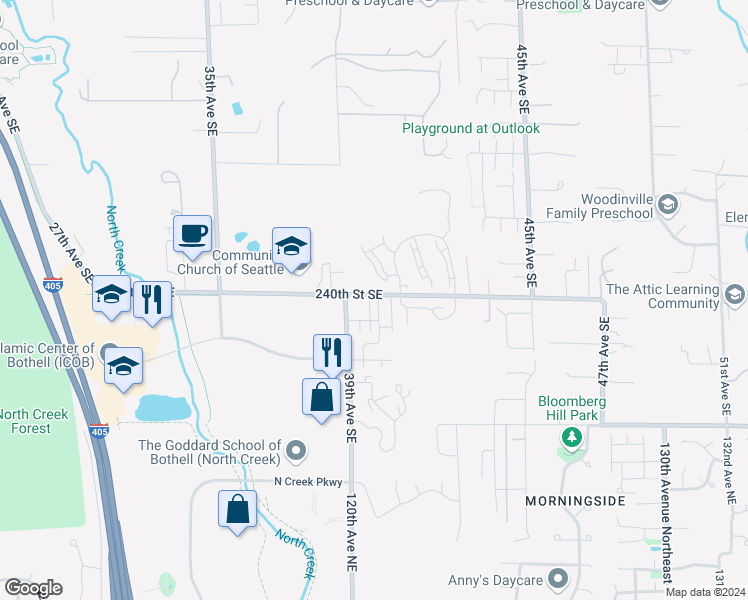 map of restaurants, bars, coffee shops, grocery stores, and more near 24024 40th Avenue Southeast in Bothell