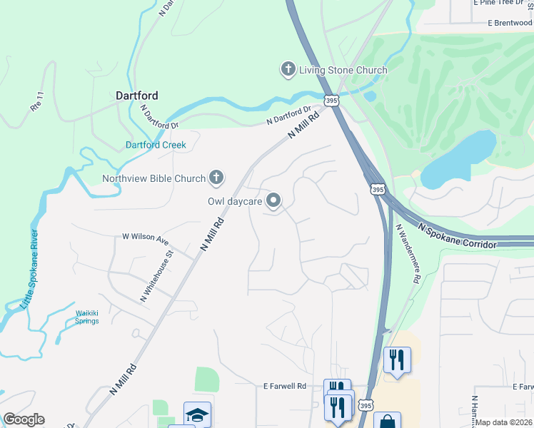 map of restaurants, bars, coffee shops, grocery stores, and more near 18 East Sapphire Lane in Spokane