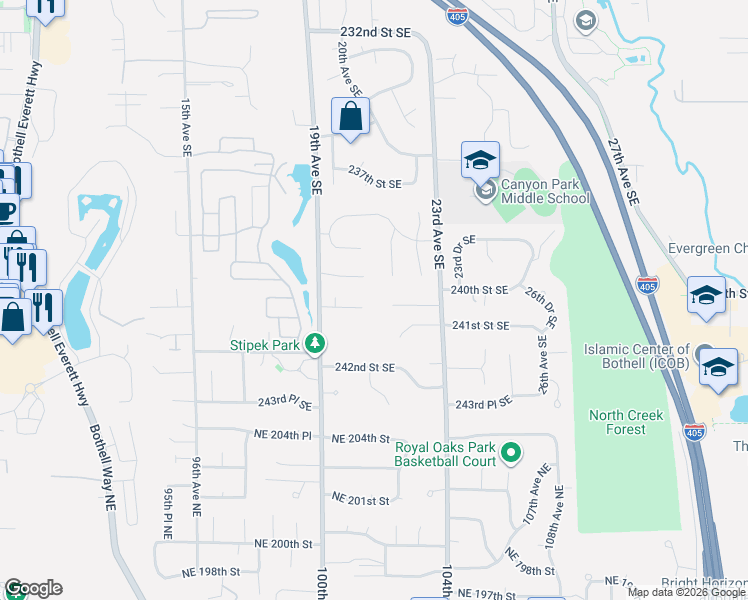 map of restaurants, bars, coffee shops, grocery stores, and more near 2016 240th Place Southeast in Bothell