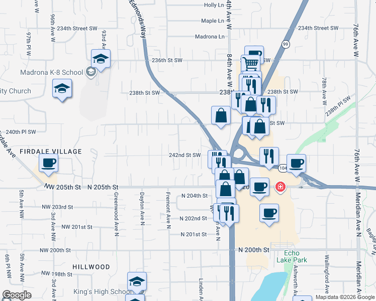 map of restaurants, bars, coffee shops, grocery stores, and more near 8714 242nd Street Southwest in Edmonds