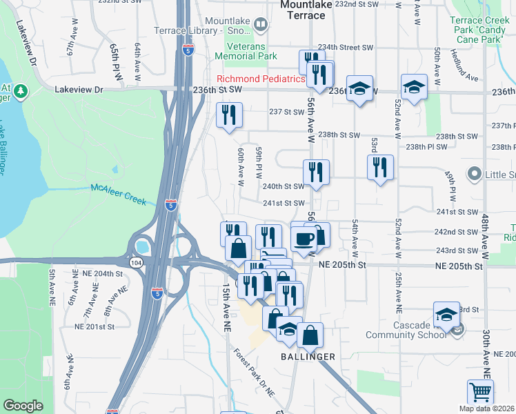 map of restaurants, bars, coffee shops, grocery stores, and more near 5808 241st Street Southwest in Mountlake Terrace