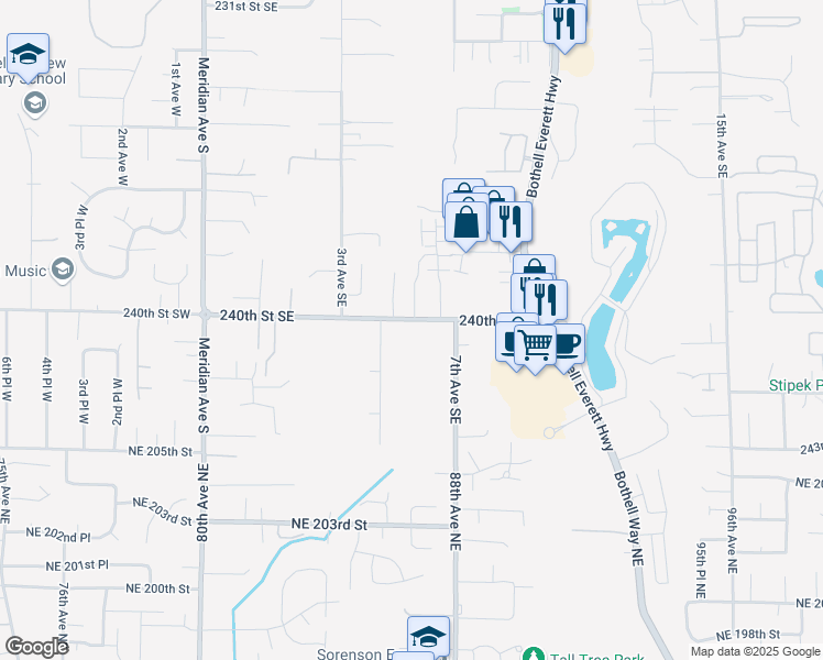 map of restaurants, bars, coffee shops, grocery stores, and more near 424 240th Street Southeast in Bothell