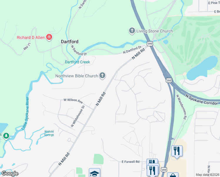map of restaurants, bars, coffee shops, grocery stores, and more near 13411 North Mayfair Lane in Spokane