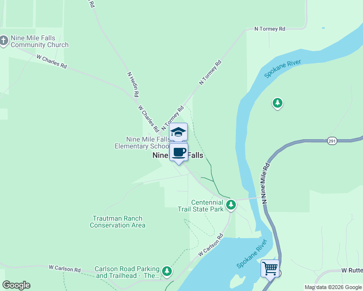 map of restaurants, bars, coffee shops, grocery stores, and more near 9808 West Charles Road in Nine Mile Falls