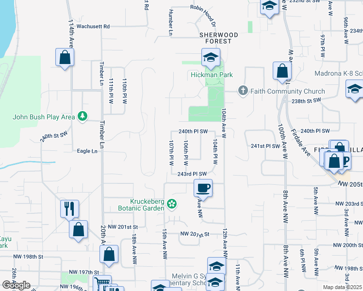 map of restaurants, bars, coffee shops, grocery stores, and more near 24204 106th Place West in Edmonds