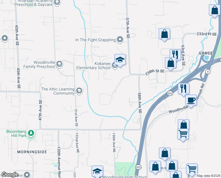 map of restaurants, bars, coffee shops, grocery stores, and more near 23929 57th Avenue Southeast in Woodinville